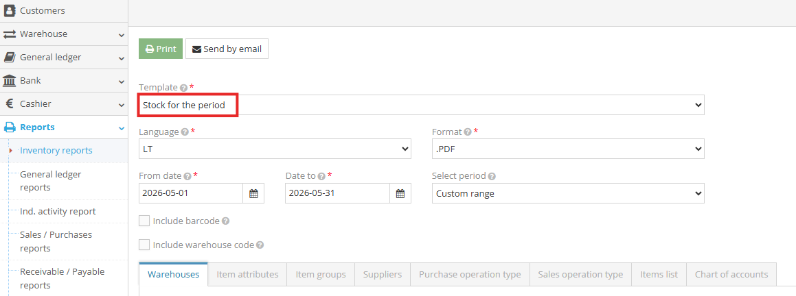 Inventory for period report selection window